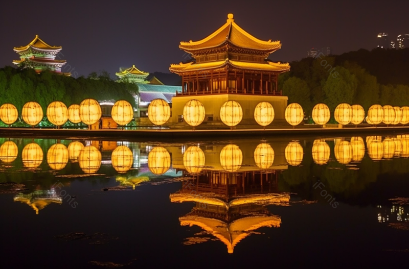 公园灯笼亭台的夜景倒影,高清,摄影图,摄影图片,图片大全,摄影图免费下载